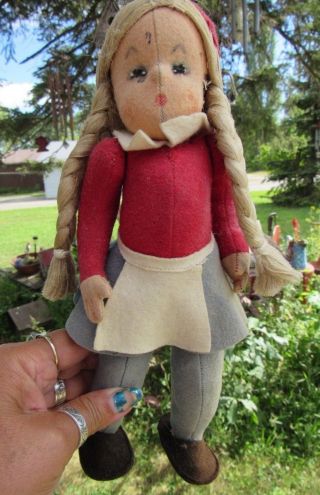 Vintage Antique 12 " Old Felt Girl Doll Center Seam Face Steiff Lenci Jointed Arm