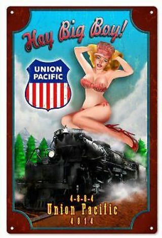 Vintage Antique Style Metal Sign Union Pacific Train Pinup 18x30