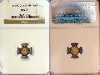1840 - G Central American Republic 1/4 Real Ngc Ms61 - Rare Non - Overdate Variety