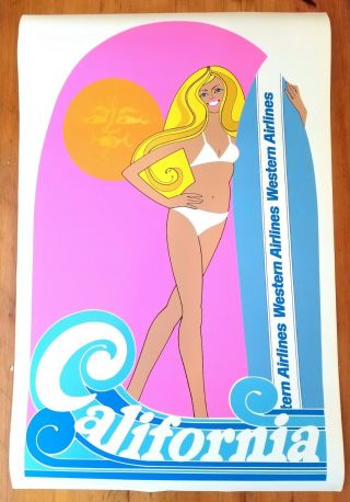 Rare 1970s Western Airlines Travel Poster Blonde California Surfer Girl,  Bikini