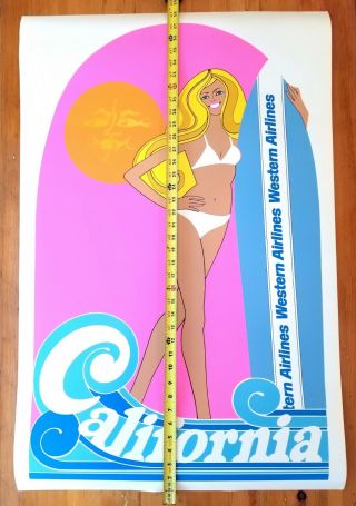 Rare 1970s Western Airlines travel poster blonde California surfer girl,  bikini 2