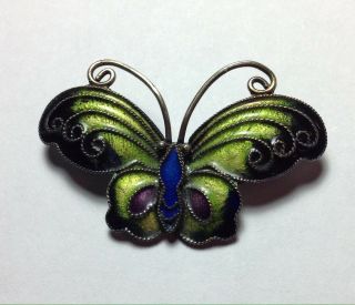 Vintage Sterling Silver Enamel Butterfly Brooch Pin Green Blue Purple Black