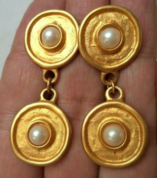 Stunning Vintage Estate Couture Faux Pearl Gold Tone 2 " Post Earrings 2363s