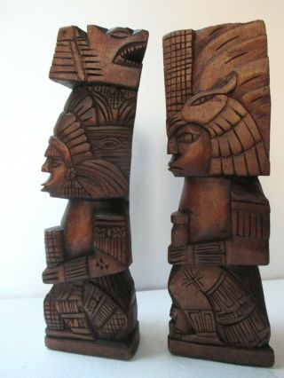 Vintage Mexican Carved Wood Mayan Aztec Figure God Warrior Pair Set 13 "