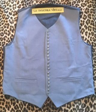 French 1940s Army Officer Uniform Vest Blue Velvet 20 Silver Plated Buttons L