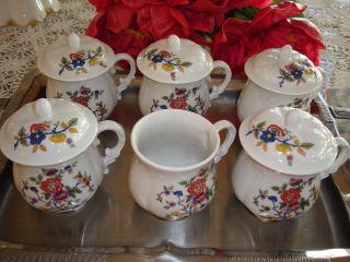 Vintage Limoges France Pot De Creme Set Of 5 Lidded Cups,  Extra Cup,  Floral