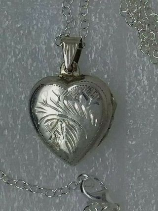Vintage Sterling Silver Engraved Heart Shape Locket & Chain