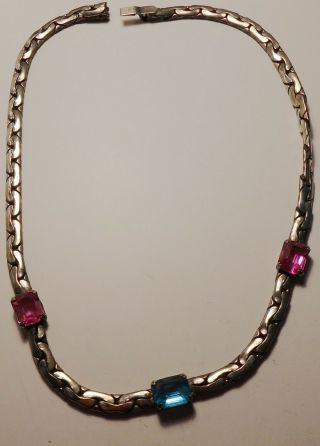Vintage Sterling Silver Necklace With Blue And Pink Stones N5940