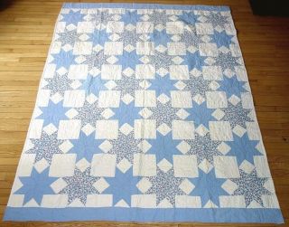 (n07) : Star Stars Blue&white Gorgeous Vintage Quilt 100 Cotton Hand Quilted