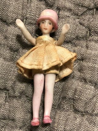 Tiny Jointed 2 " Flapper Antique Bisque Doll Germany Miniature Molded Pink Hat