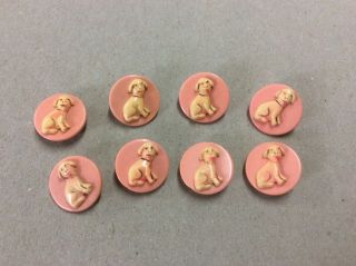 8 Vintage Pink Celluloid Buttons Dog With Tongue Sticking Out