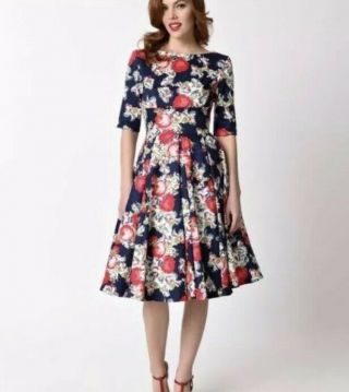 Pretty Dress Company Hepburn Swing Dress Vintage Style Floral Uk 16/ Us 10 - 12