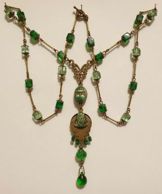 Vintage Art Deco Style Czech Green Glass Egyptian Revival Scarab Drop Necklace