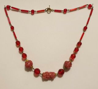 Vintage Art Deco Czech Cranberry And Moulded Pink Glass Bead Necklace