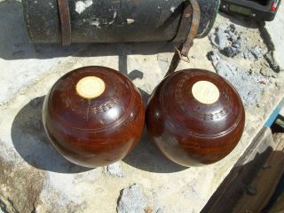 Set Of 2 Vintage Wood Wooden Lawn Bowls - N Old Carry Bag