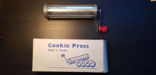 Sveico Cookie Press Vintage Stainless Steel Metal Kaksprits Crank Swedish Boxed