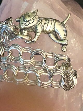 Vintage Signed Tabby Cat Charm Bracelet Sterling Silver 12 G 7” Inches