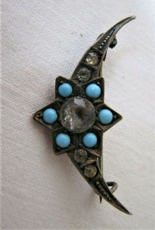 Antique Vintage Victorian Silver Crescent Moon Star Brooch Turquoise & Paste