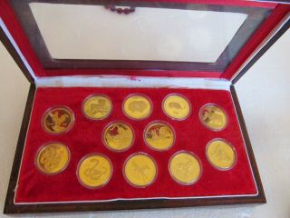 Vtg Shanghai Gilt Brass Copper Lunar Animals Chinese Zodiac Medal Set Box
