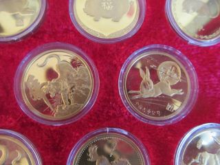 VTG Shanghai Gilt Brass Copper Lunar Animals Chinese Zodiac Medal Set Box 3