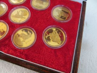 VTG Shanghai Gilt Brass Copper Lunar Animals Chinese Zodiac Medal Set Box 4