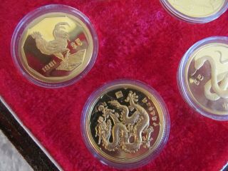 VTG Shanghai Gilt Brass Copper Lunar Animals Chinese Zodiac Medal Set Box 5