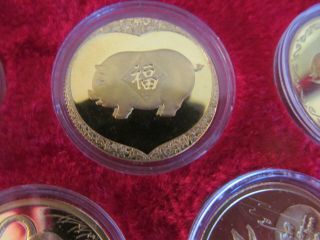 VTG Shanghai Gilt Brass Copper Lunar Animals Chinese Zodiac Medal Set Box 6