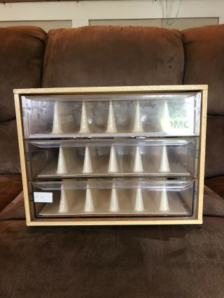 VTG DMC EMBROIDERY FLOSS WOODEN STORAGE CABINET BOX 3 DRAWER WITH INSERTS FRANCE 2