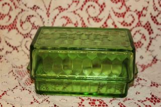 Vintage Hazel Atlas Hex Block Optic Green Glass 1 Lb Covered Butter Dish