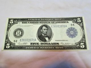 1914 $5 Us Large Size Federal Reserve Note Crisp Uncirculated Rare Us Note.