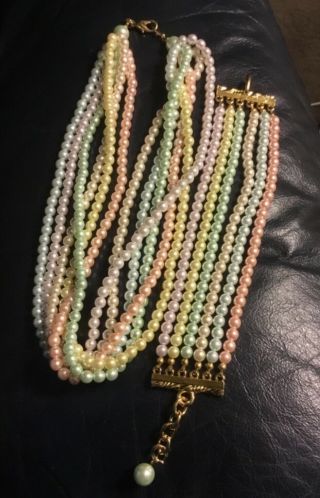 Joan Rivers Multi Color Pastel Pearl Torsade Necklace & Bracelet Set Pre Owned