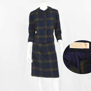 50s Vintage Pendleton Plaid Skirt Suit Xs/s 2 4 Virgin Wool Peter Pan Collar