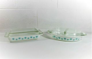 Vintage Pyrex Turquoise Blue Snowflake Space Saver Dish & Divided Dish Casserole