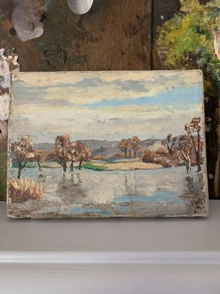 Petite Vintage French Landscape Oil Painting On Canvas Shabby Chic