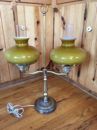 Vintage Double Hurricane Brass Student Lamp,  Yellow Glass Shades