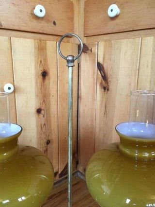 vintage double hurricane brass student lamp,  yellow glass shades 5