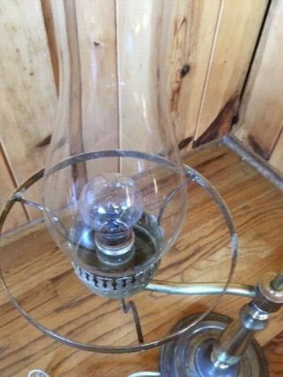 vintage double hurricane brass student lamp,  yellow glass shades 7