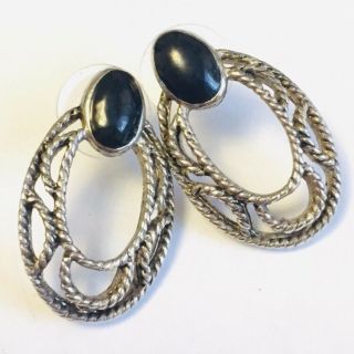 Vtg Sterling Silver 925 Black Onyx Earrings Designer - 25