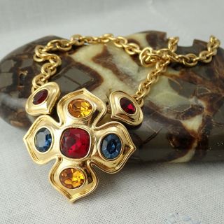 Vintage Napier Crystal Rhinestone Maltese Cross Gold Tone Necklace Pendant