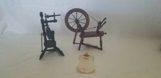 Sewing/needle Work Doll Set - Spinning Wheel,  Dress & Hanger - Doll Furniture
