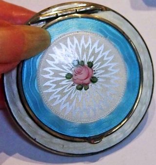Vintage Silver Guilloche Enamel Compact Hand Painted Flowers Powder Gorgeous