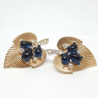 Marked 6571 Blue Glass Cabochon Gold/silver Leaf Trifari ? Retro Vtg Earrings