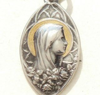 Exquisite Art Nouveau Antique Silver Medal Pendant To Immaculate Mary Of Lourdes