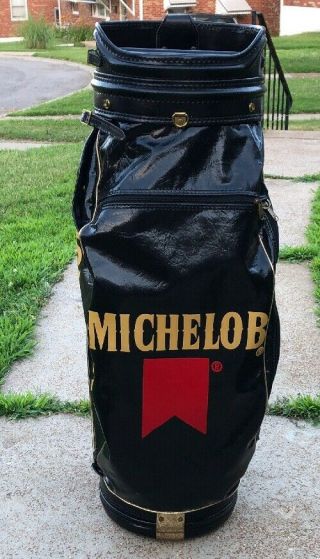 Vintage Michelob Golf Bag With Carrying Strap & Rain Cover - Black Vinyl/leather