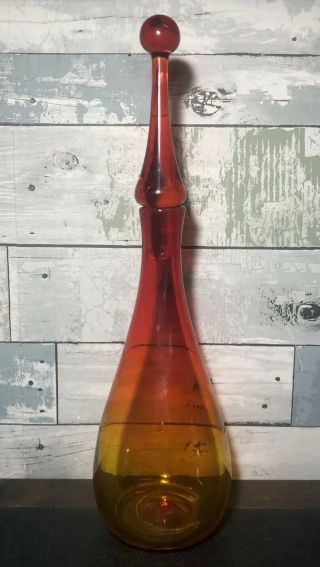 Vintage Mid Century Modern Blenko Blown Art Glass Decanter Tangerine Amberina