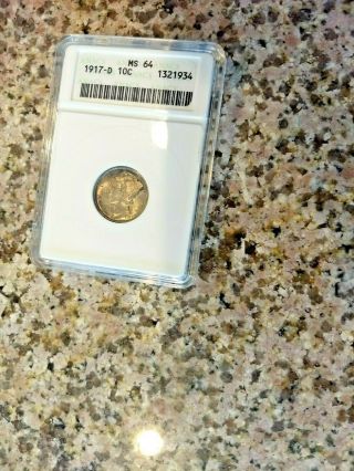 Rare 1917 D Silver Mercury Dime Anacs Certified Ms 64 Key Date Coin Toning N/r