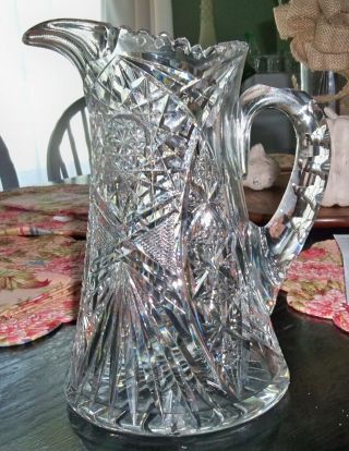 Vintage American Cut Glass Pitcher 10 1/4 " Tall Very Heavy