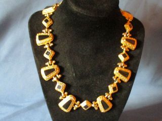 Vintage Signed Anne Klein Gold - Tone Metal Black Enamel Necklace