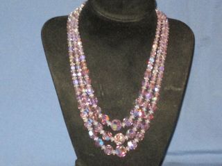 Vintage Silver - Tone Metal 3 Strand Lilac Aurora Borealis Crystal Bead Necklace