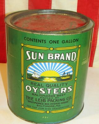 VINTAGE SUN BRAND GALLON OYSTER TIN CAN WITH LID BALTIMORE MD 2